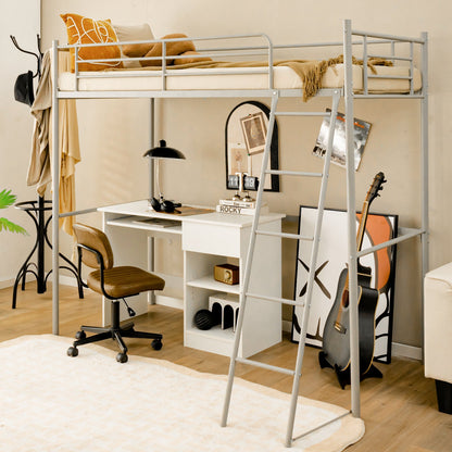 Metal Loft Bed with Integrated Ladder and Full-length Guardrails-Silver