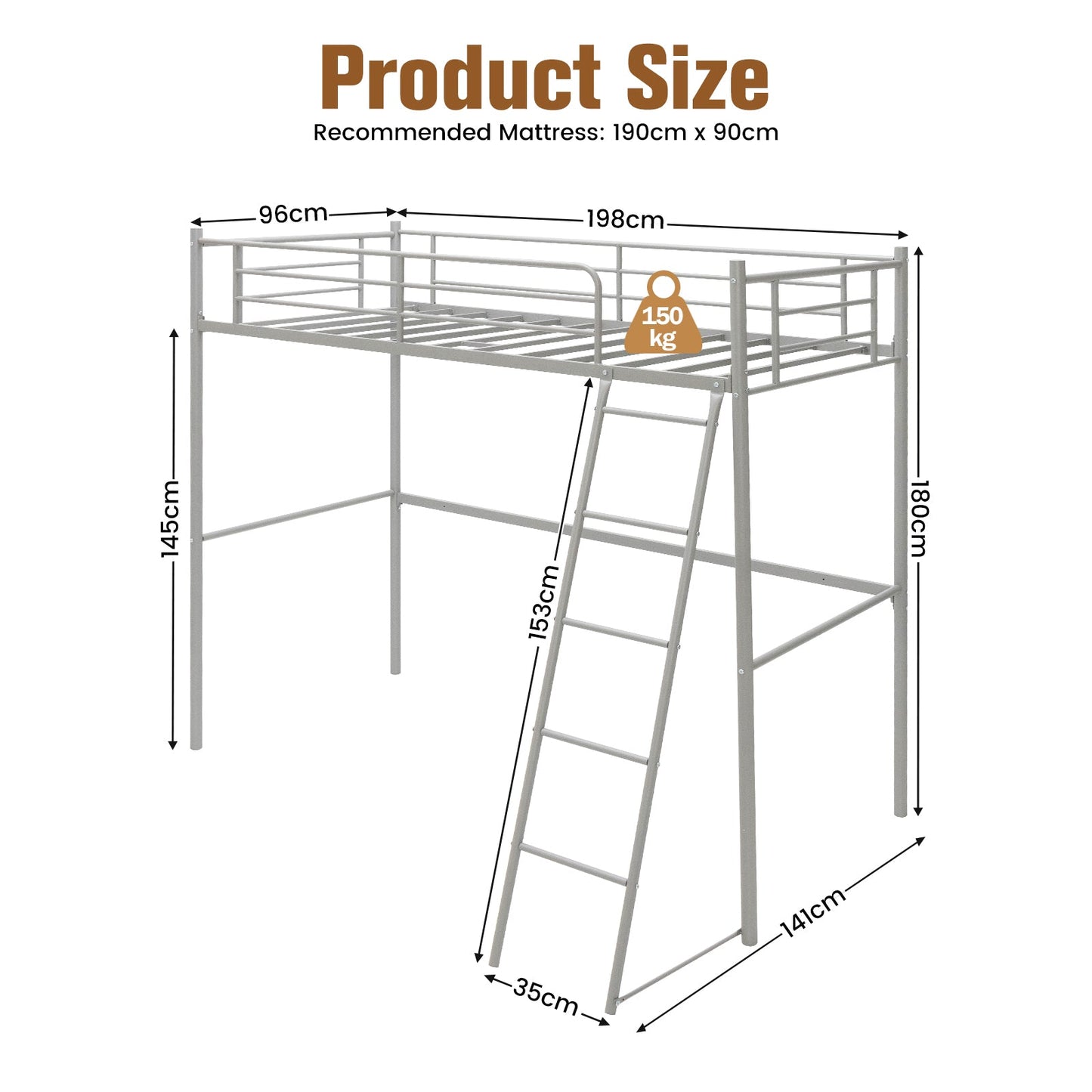 Metal Loft Bed with Integrated Ladder and Full-length Guardrails-Silver