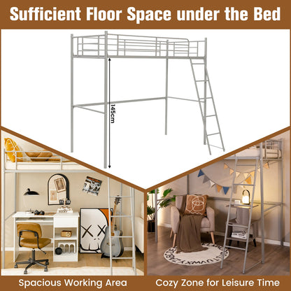 Metal Loft Bed with Integrated Ladder and Full-length Guardrails-Silver