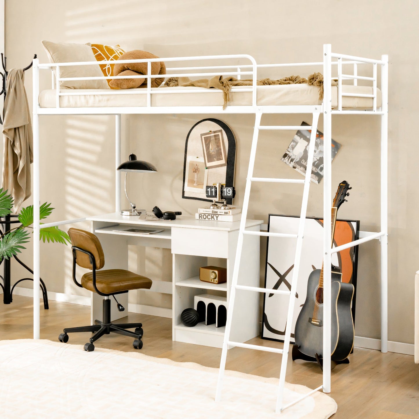 Metal Loft Bed with Integrated Ladder and Full-length Guardrails-White