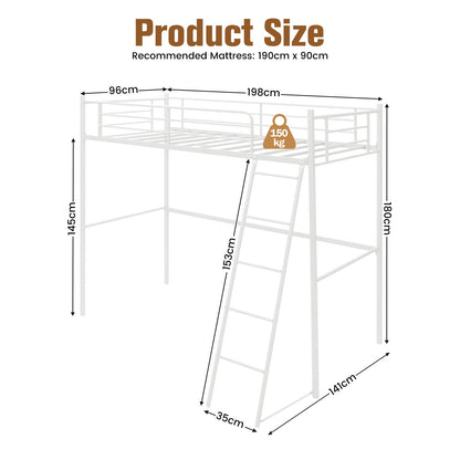 Metal Loft Bed with Integrated Ladder and Full-length Guardrails-White