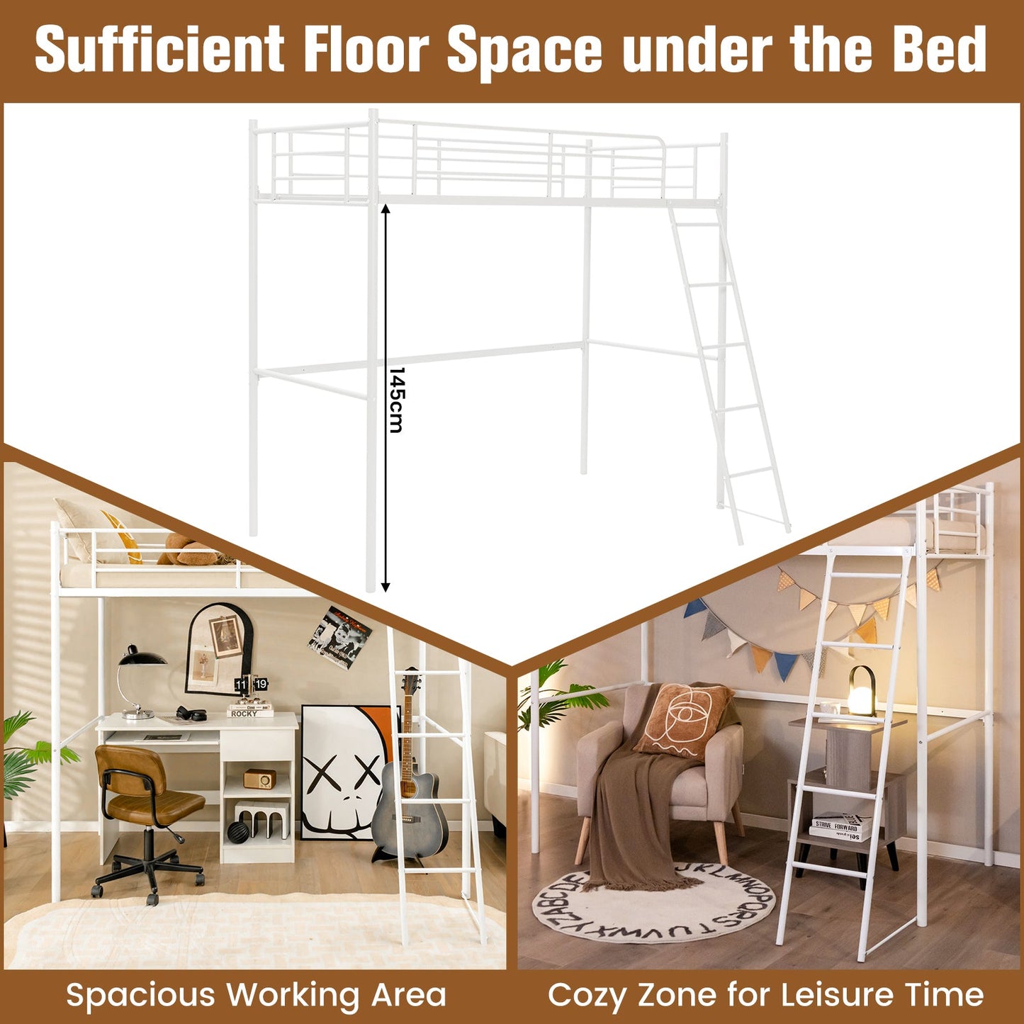 Metal Loft Bed with Integrated Ladder and Full-length Guardrails-White