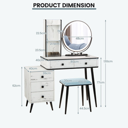 Vanity Table Set with 3-Colour Round Mirror and Charging Station-White