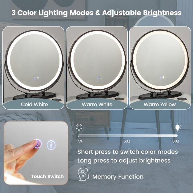 Vanity Table Set with 3-Colour Round Mirror and Charging Station-White