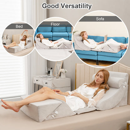 6 Pieces Bed Wedge Pillows Set with Headrest Leg Elevation-Grey