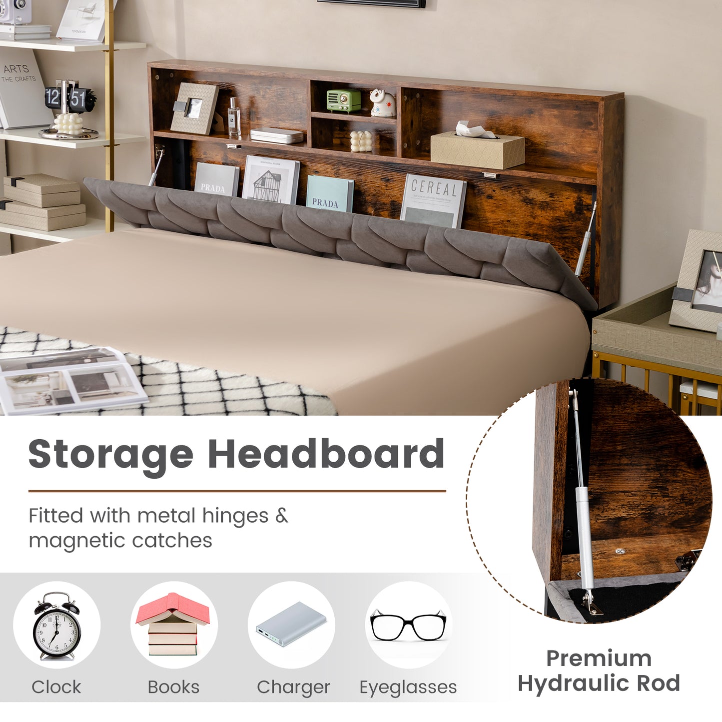 Single/Double Bed Frame with Storage Headboard and Slat Support-Double Size