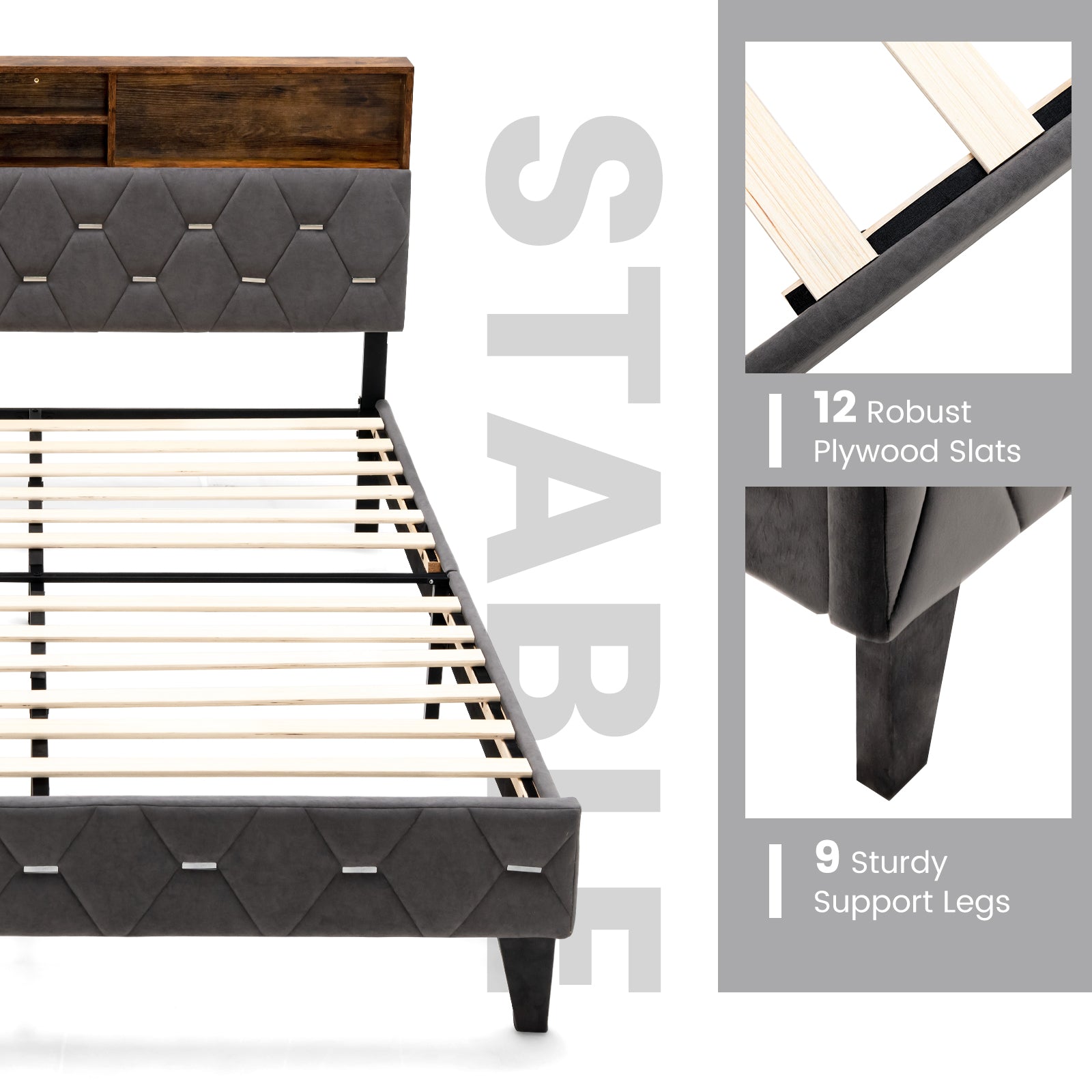 Single/Double Bed Frame with Storage Headboard and Slat Support-Double Size