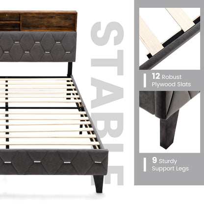 Single/Double Bed Frame with Storage Headboard and Slat Support-Double Size