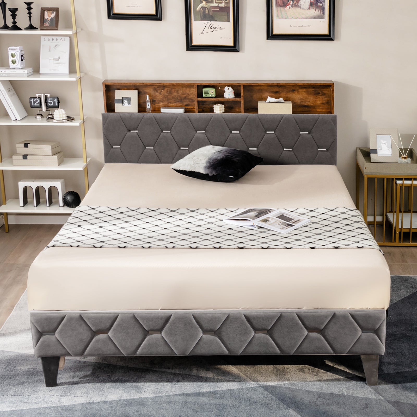 Single/Double Bed Frame with Storage Headboard and Slat Support-Double Size