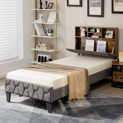Single/Double Bed Frame with Storage Headboard and Slat Support-Single Size