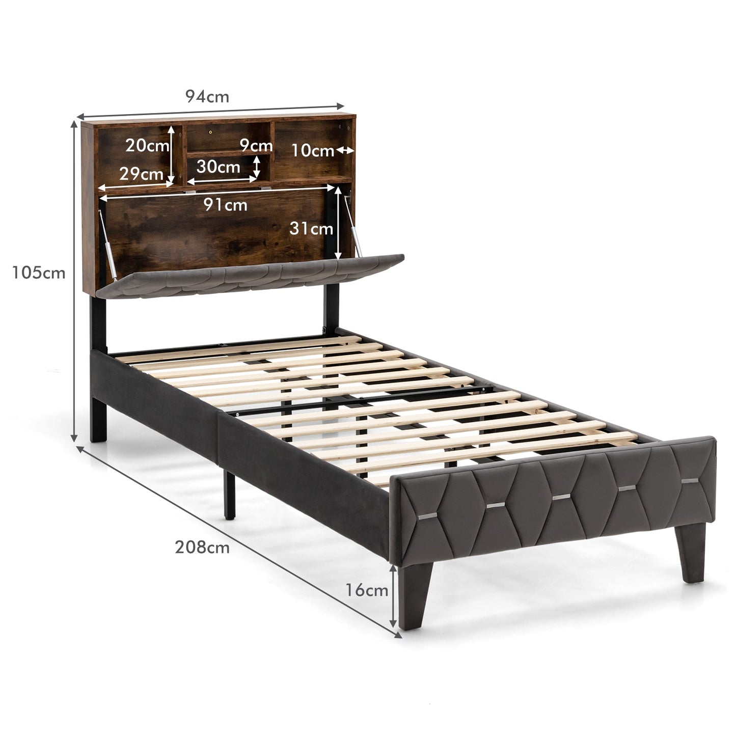 Single/Double Bed Frame with Storage Headboard and Slat Support-Single Size