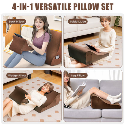 Wedge Pillow Set with Tablet Pillow Stand and SidePockets-Brown