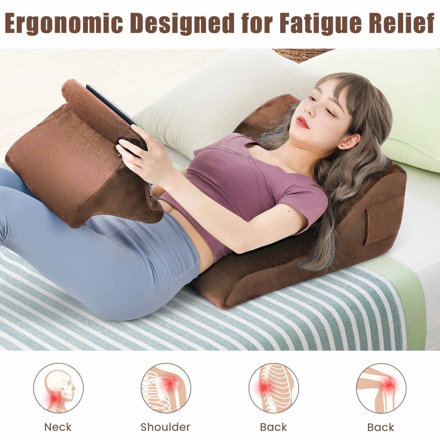 Wedge Pillow Set with Tablet Pillow Stand and SidePockets-Brown