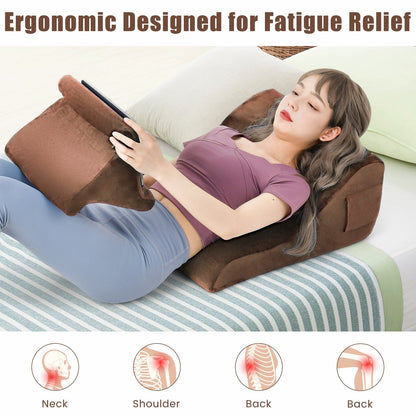 Wedge Pillow Set with Tablet Pillow Stand and SidePockets-Brown