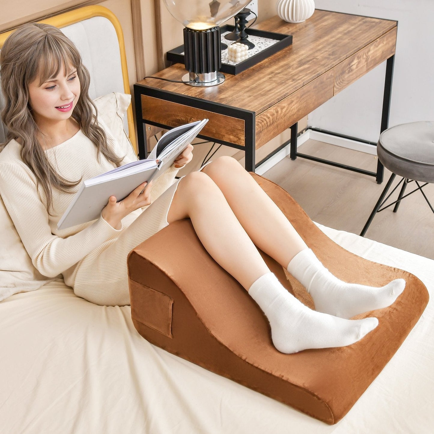 Wedge Pillow Set with Tablet Pillow Stand and SidePockets-Brown