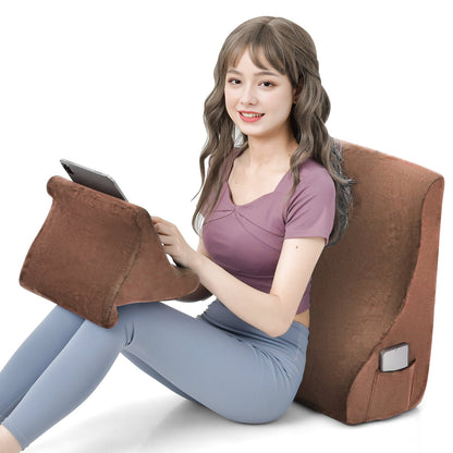 Wedge Pillow Set with Tablet Pillow Stand and SidePockets-Brown