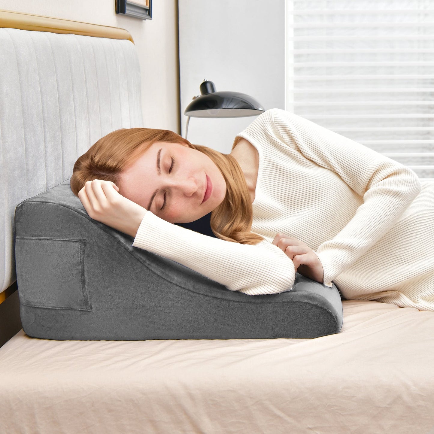 Wedge Pillow Set with Tablet Pillow Stand and SidePockets-Grey