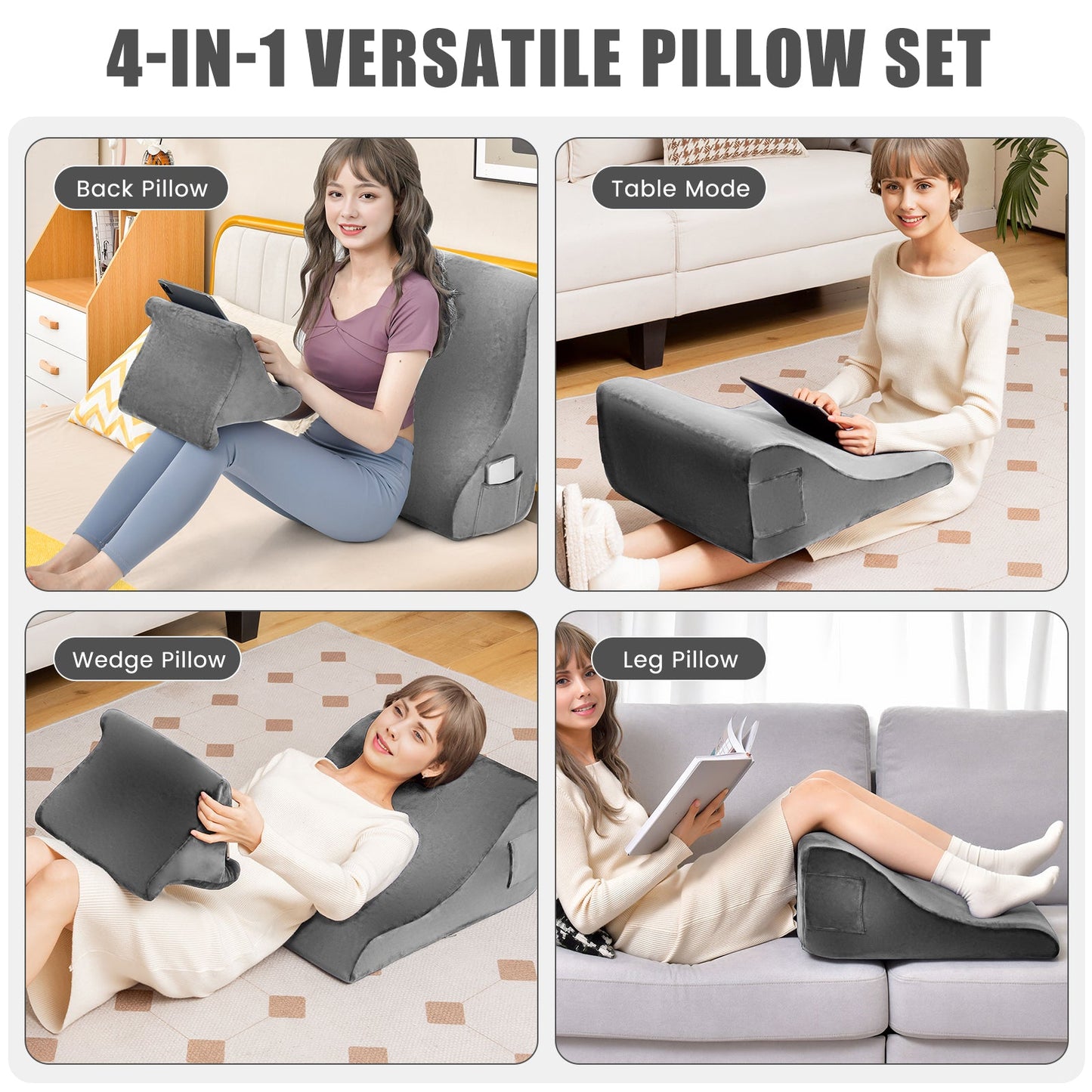 Wedge Pillow Set with Tablet Pillow Stand and SidePockets-Grey