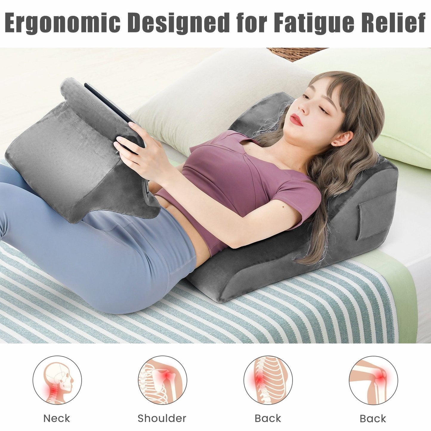 Wedge Pillow Set with Tablet Pillow Stand and SidePockets-Grey
