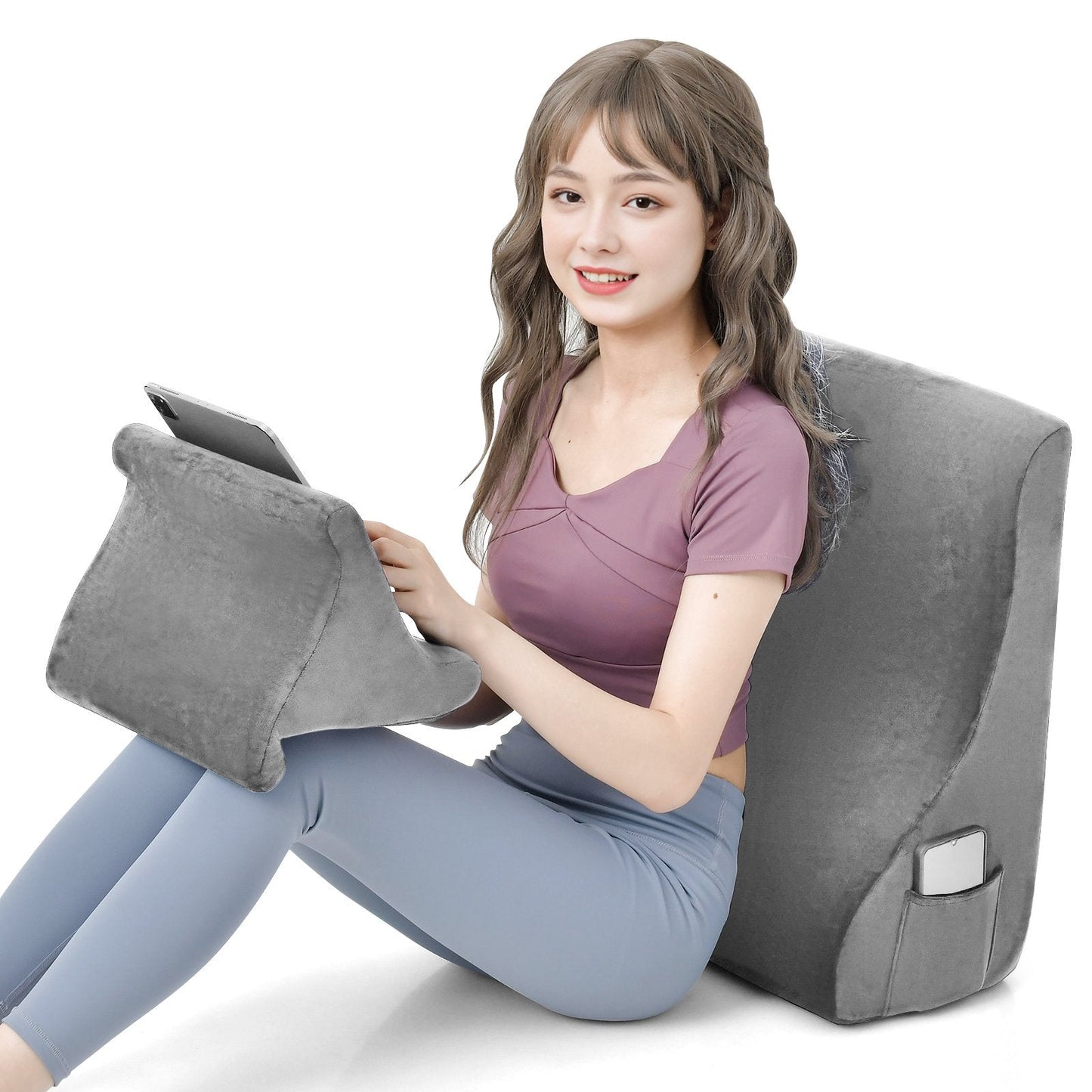 Wedge Pillow Set with Tablet Pillow Stand and SidePockets-Grey