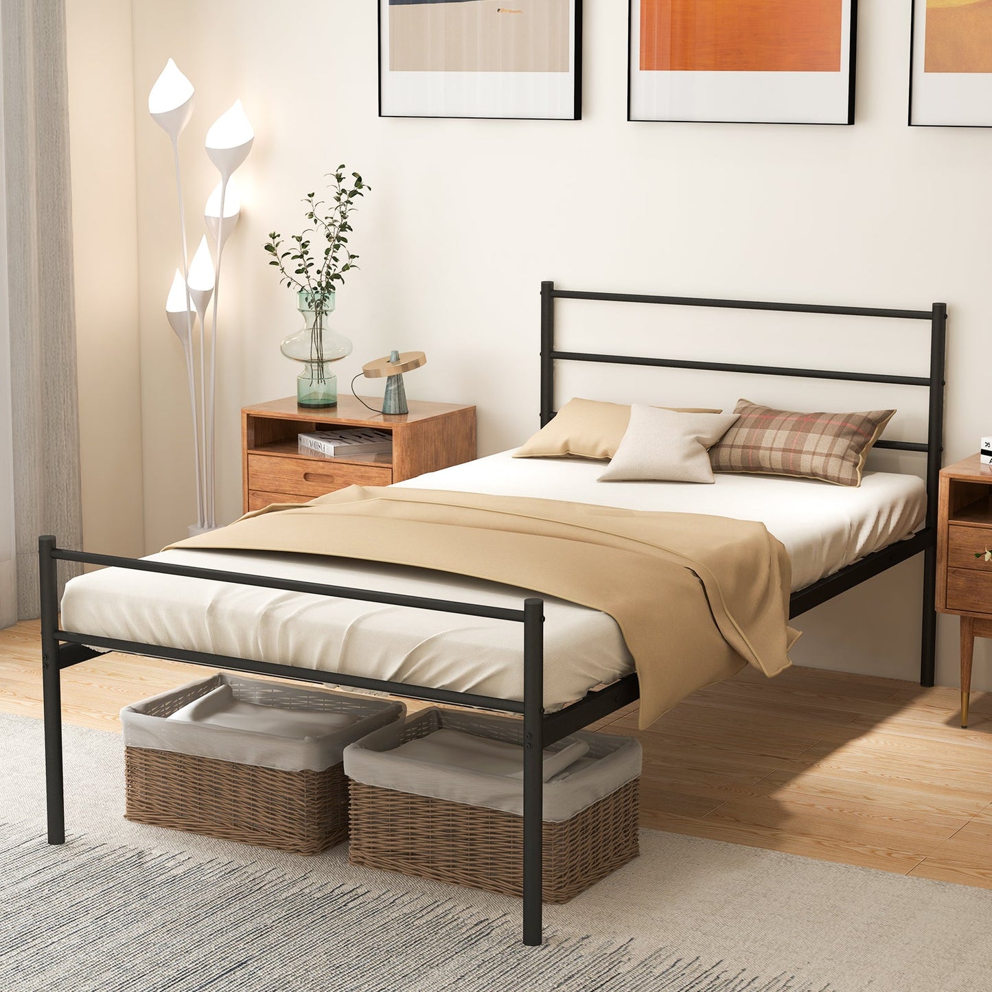 Single Metal Bed Frame with Metal Slats-Black