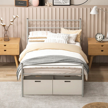 Single Metal Bed Frame with Metal Slats-Silver