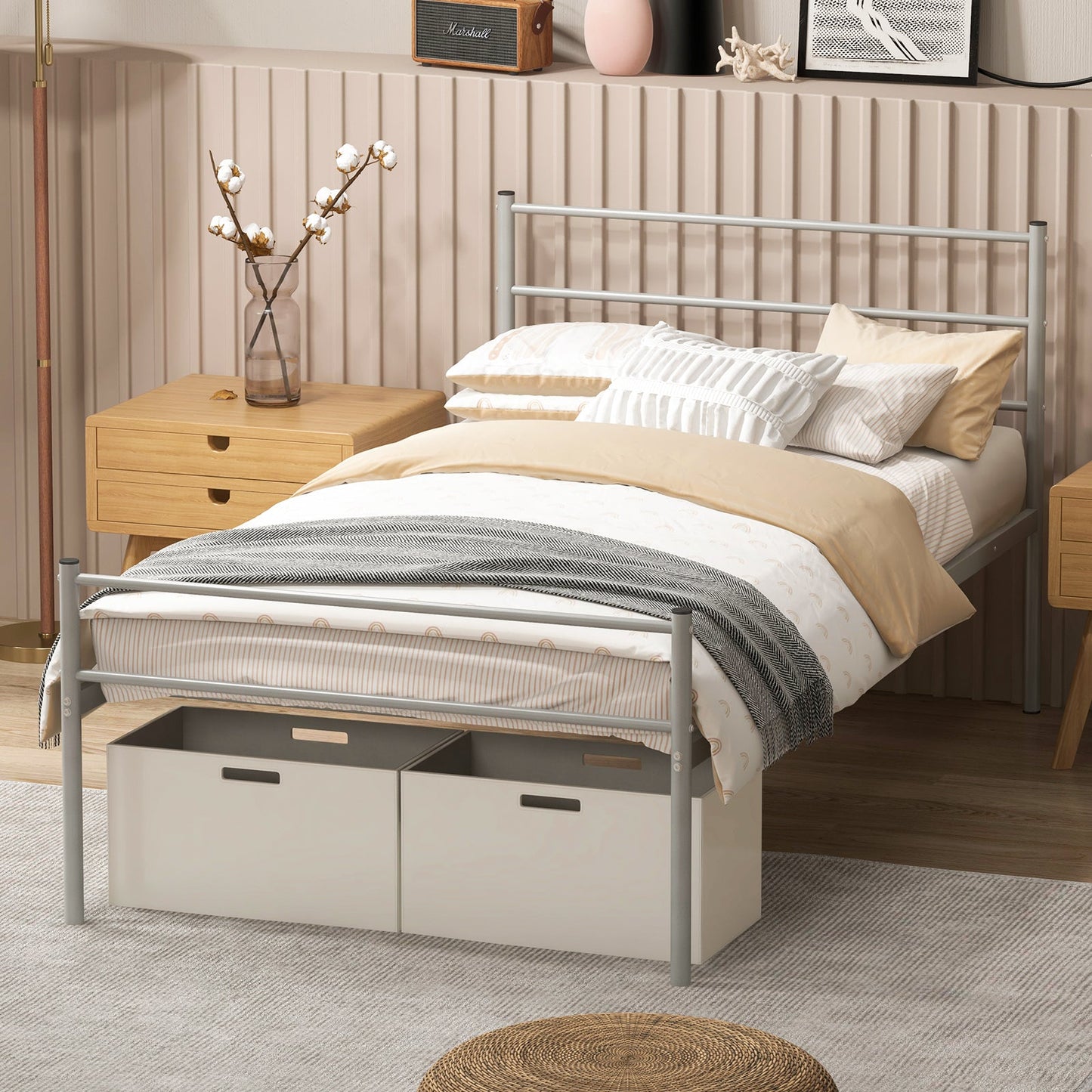 Single Metal Bed Frame with Metal Slats-Silver