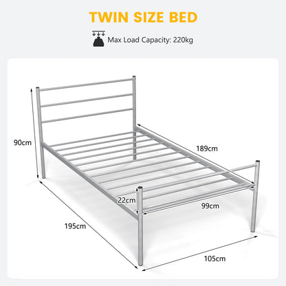 Single Metal Bed Frame with Metal Slats-Silver