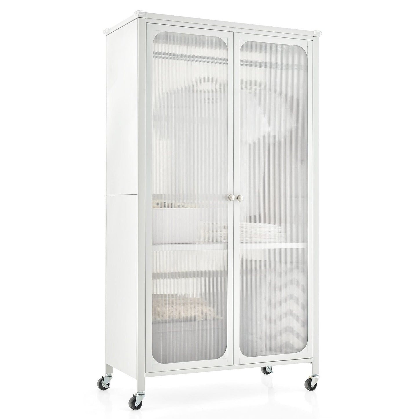 Mobile Metal Wardrobe Armoire Closet with Hanging Rod and Adjustable Shelf-White