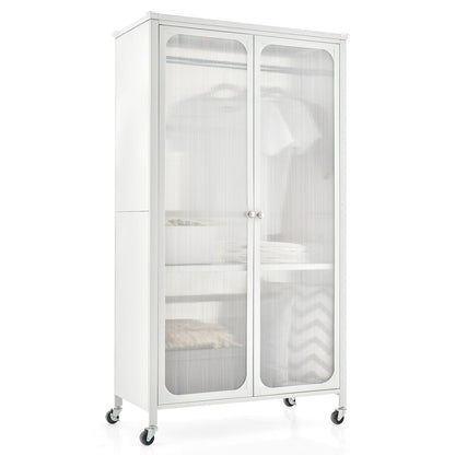 Mobile Metal Wardrobe Armoire Closet with Hanging Rod and Adjustable Shelf-White