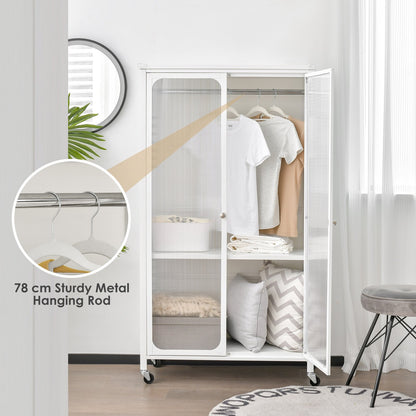 Mobile Metal Wardrobe Armoire Closet with Hanging Rod and Adjustable Shelf-White
