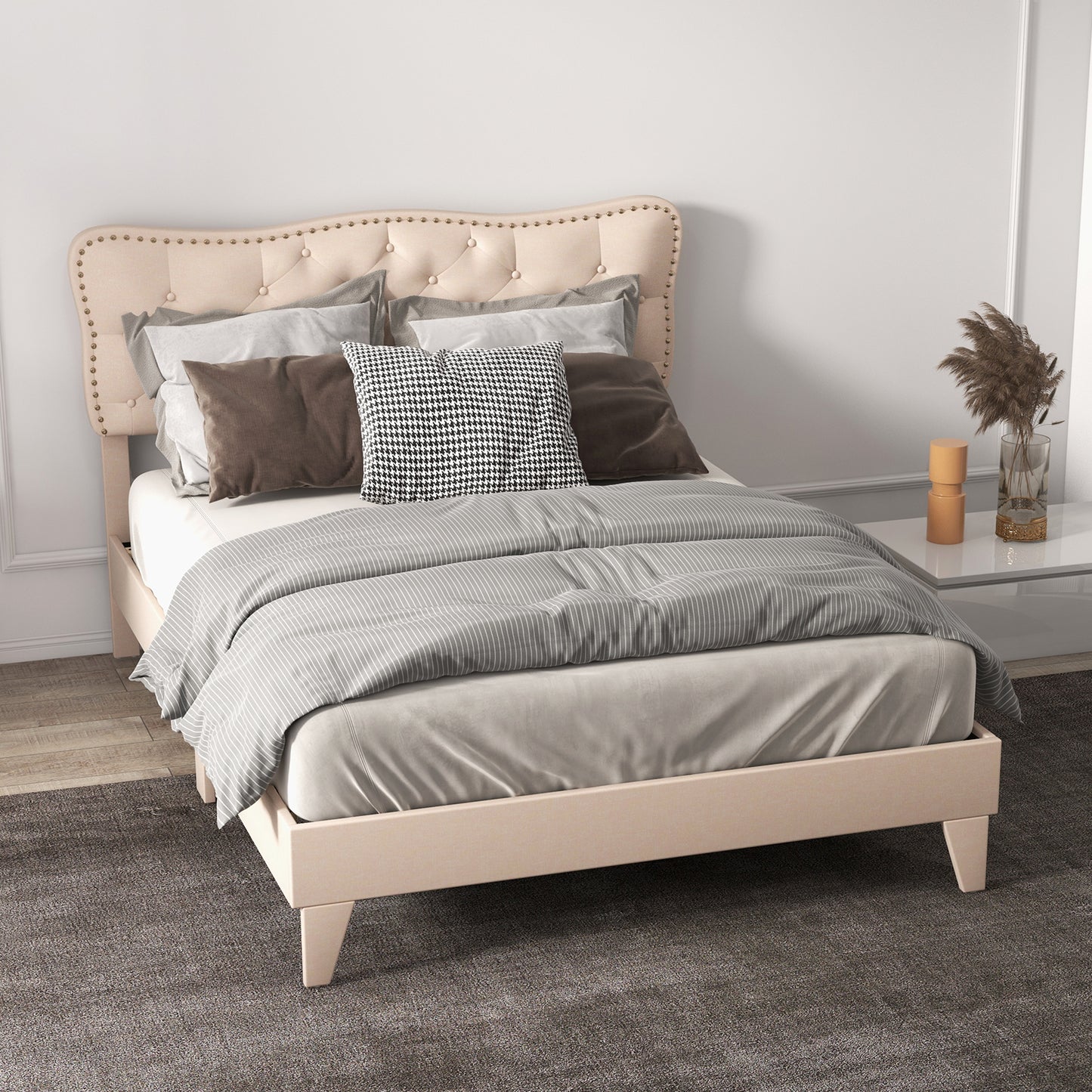 Double/King Size Bed Frame with Button Tufted Headboard-Double Size