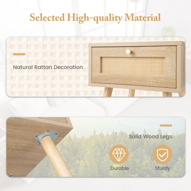 Boho Bedside Table with Hand-woven Rattan Decoration-Natural