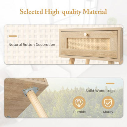 Boho Bedside Table with Hand-woven Rattan Decoration-Natural