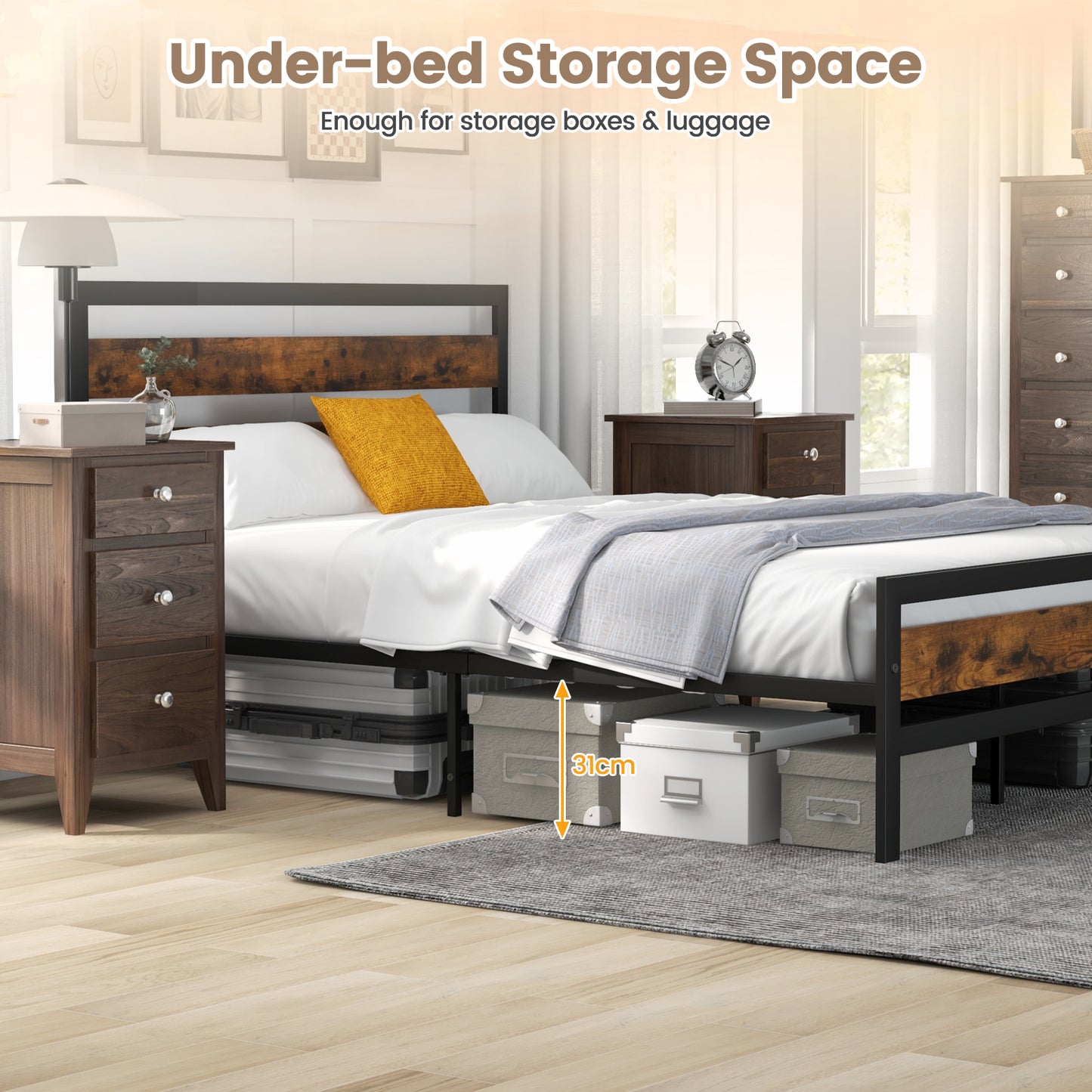 Double/King Size Bed Frame with Rustic Headboard and Footboard-Double Size