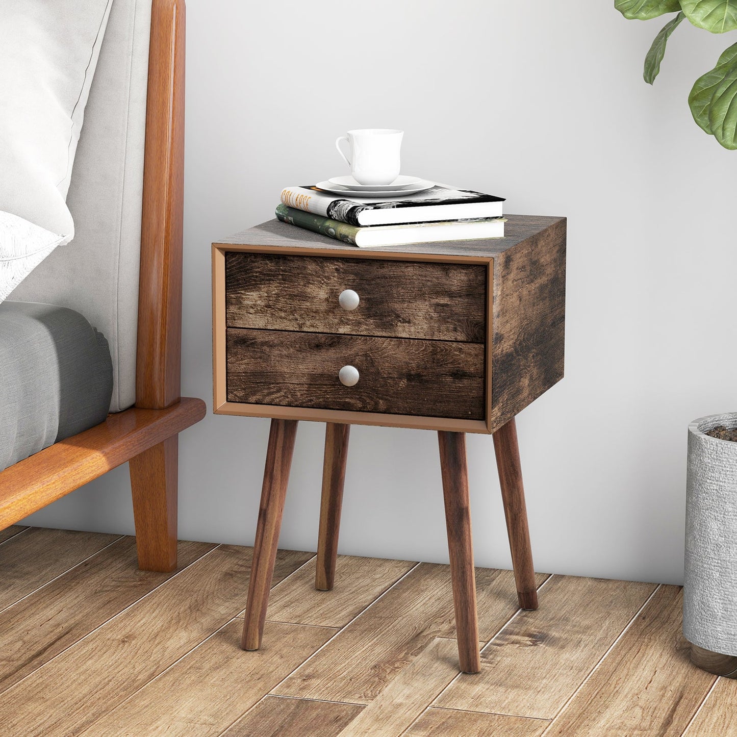 Wooden Nightstand with 2 Storage Drawers and Rubber Wood Legs-Rustic Brown