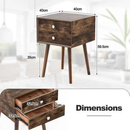 Wooden Nightstand with 2 Storage Drawers and Rubber Wood Legs-Rustic Brown