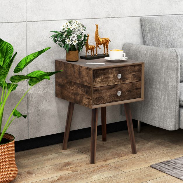 Wooden Nightstand with 2 Storage Drawers and Rubber Wood Legs-Rustic Brown