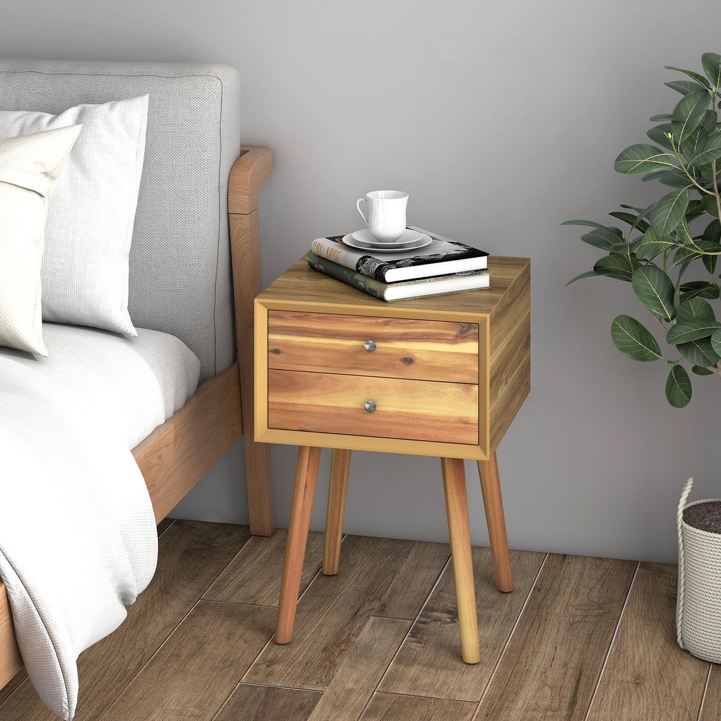 Wooden Nightstand with 2 Storage Drawers and Rubber Wood Legs-Natural