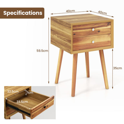 Wooden Nightstand with 2 Storage Drawers and Rubber Wood Legs-Natural