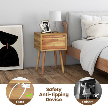 Wooden Nightstand with 2 Storage Drawers and Rubber Wood Legs-Natural