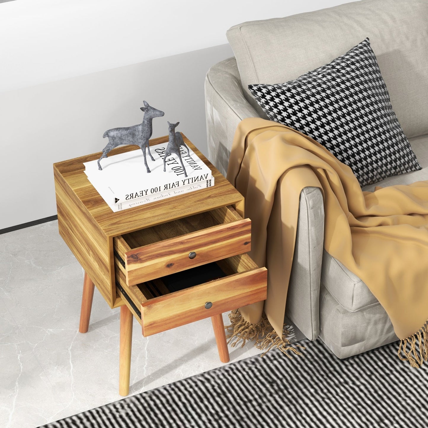 Wooden Nightstand with 2 Storage Drawers and Rubber Wood Legs-Natural