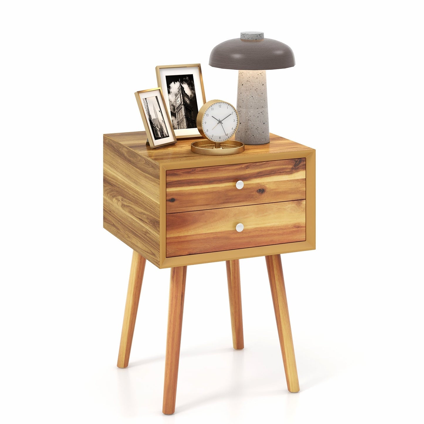 Wooden Nightstand with 2 Storage Drawers and Rubber Wood Legs-Natural