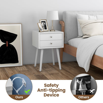 Wooden Nightstand with 2 Storage Drawers and Rubber Wood Legs-White