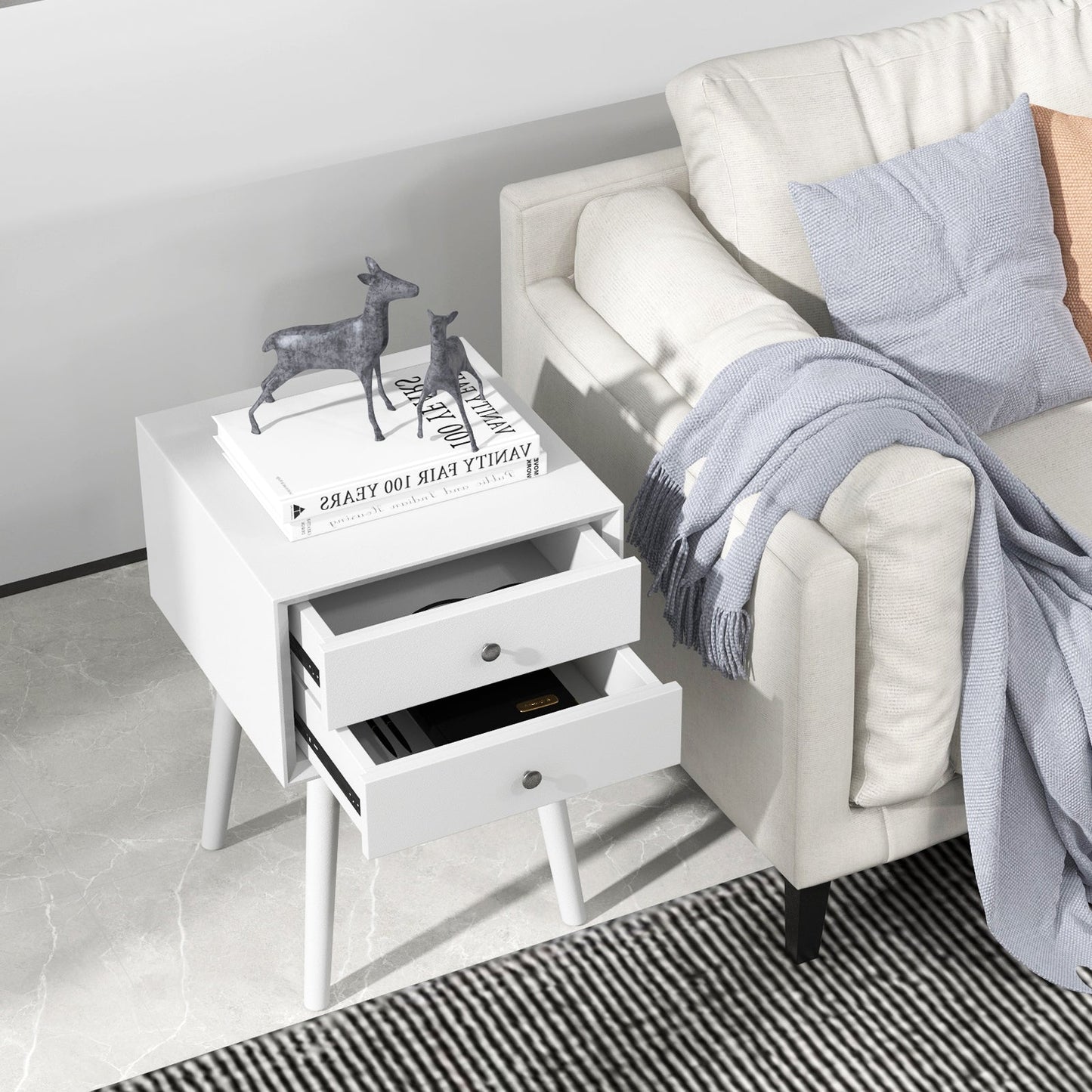 Wooden Nightstand with 2 Storage Drawers and Rubber Wood Legs-White