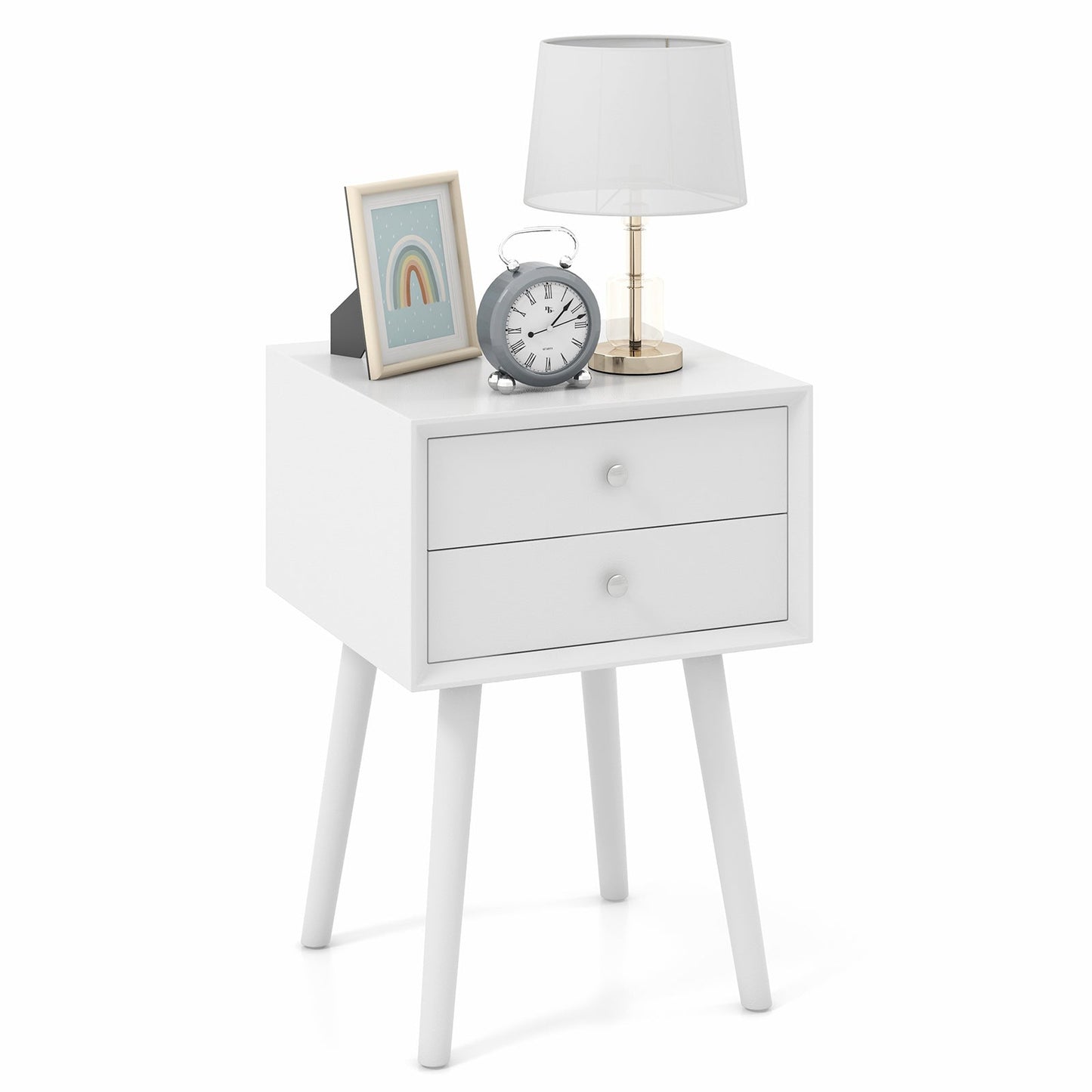 Wooden Nightstand with 2 Storage Drawers and Rubber Wood Legs-White