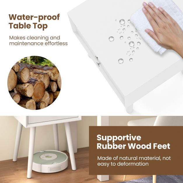 Wooden Nightstand with 2 Storage Drawers and Rubber Wood Legs-White