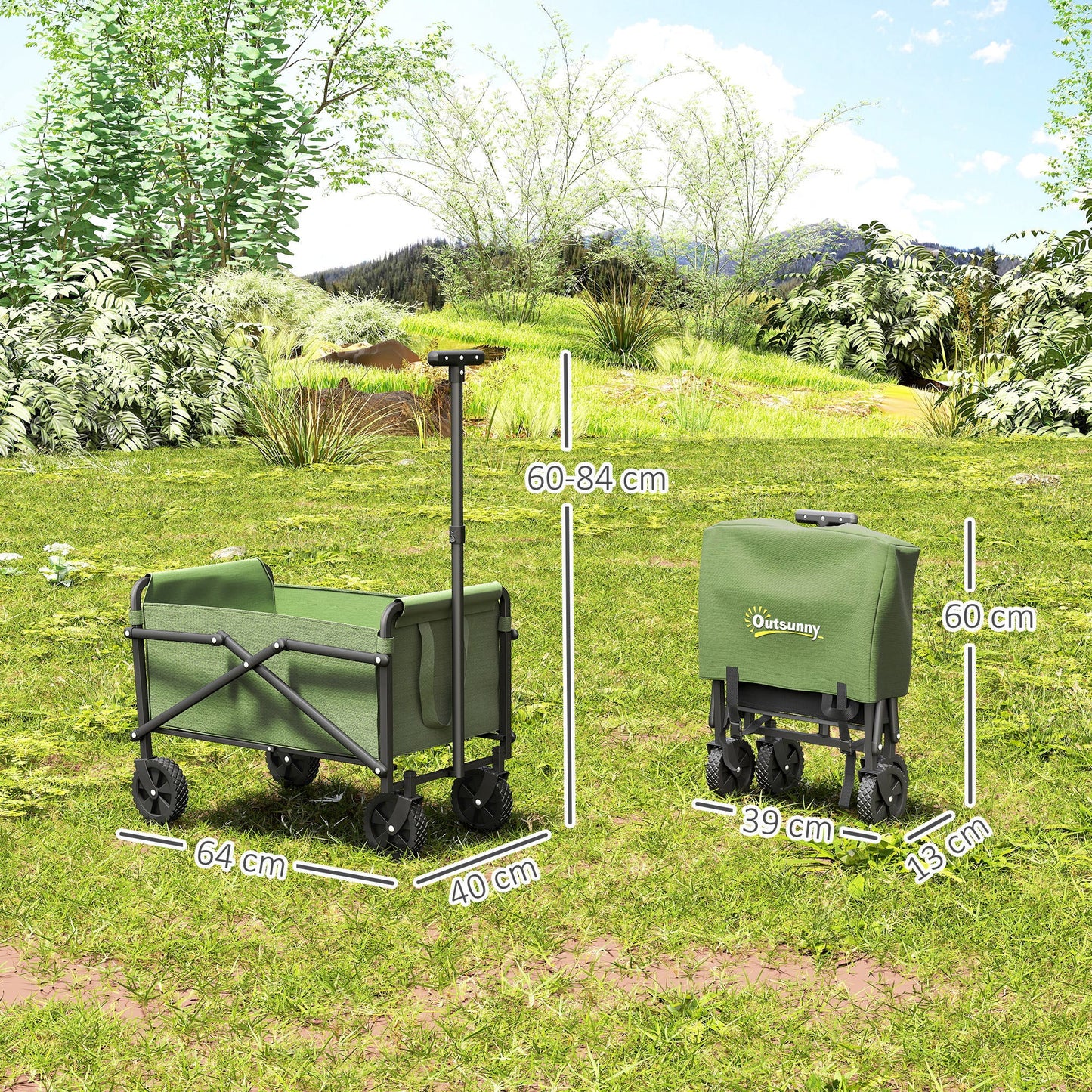 Outsunny 41L Festival Trolley on Wheels, Small Garden Folding Trolley Cart, 60kg Heavy Duty Collapsible Folding Wagon with Adjustable Handle and Carrying Bag for Beach, Camping, Festival, Green