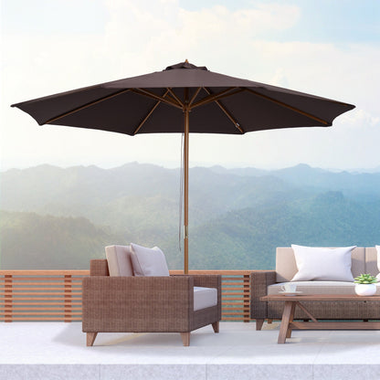 Outsunny ⌀3m Bamboo Wooden Market Patio Umbrella Garden Parasol Outdoor Sunshade Canopy, 8-ribs,Coffee