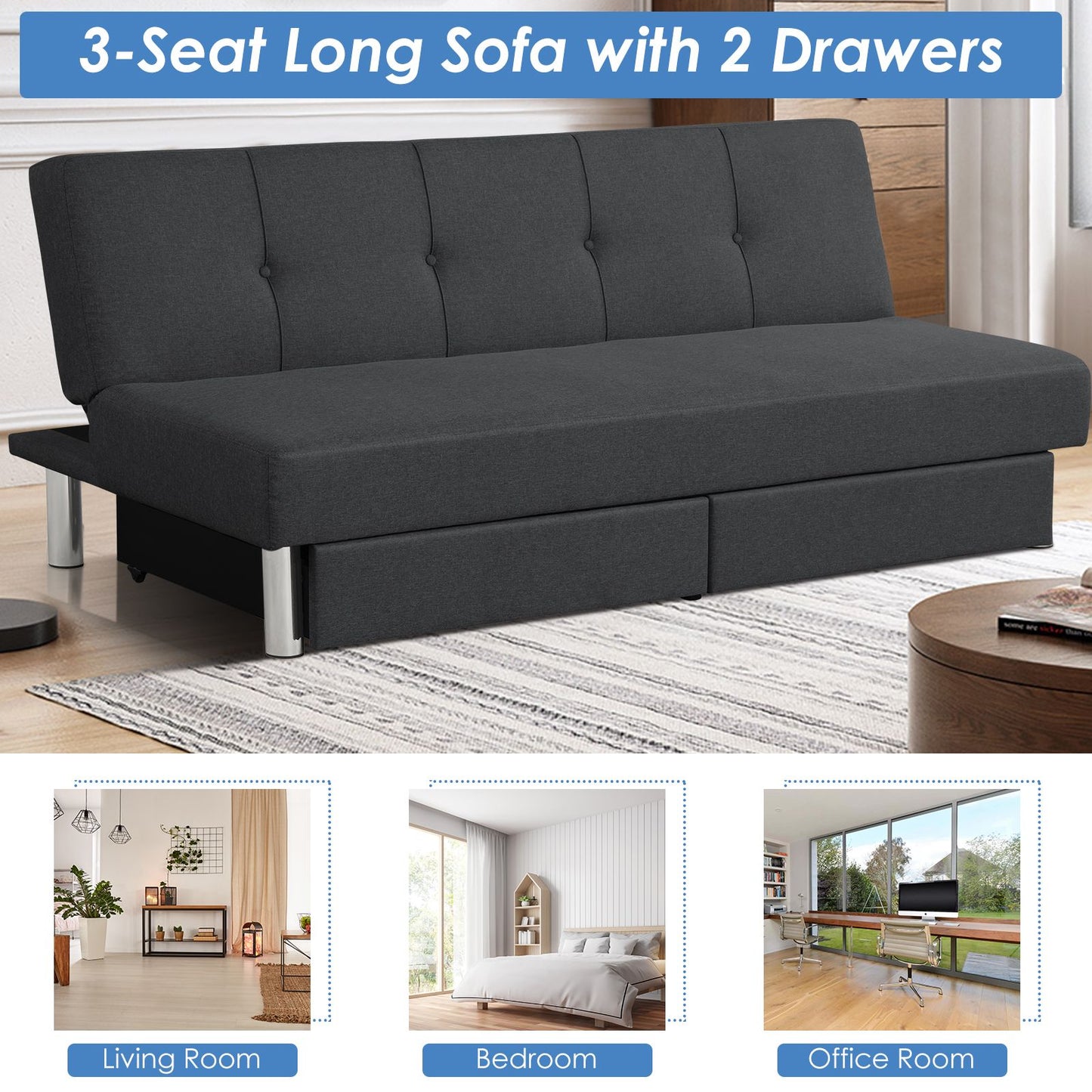 3 Seat Convertible Linen Fabric Tufted Sofa Bed with 2 Storage Drawers-Black